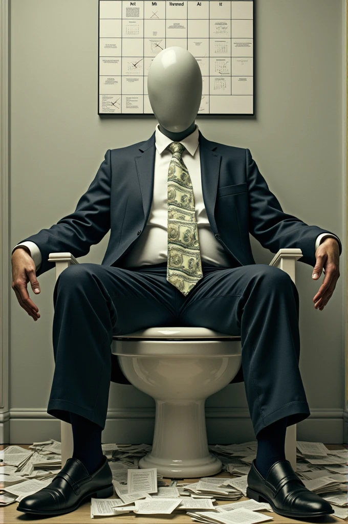 Concept: A large, faceless figure wearing a suit and tie, sitting in an office chair that doubles as a toilet. The figure’s tie is made of dollar bills, and its arms stretch out to an endless stream of emails and contracts flowing from its hands. A calendar with crossed-out days hangs above, indicating a life dominated by corporate deadlines.