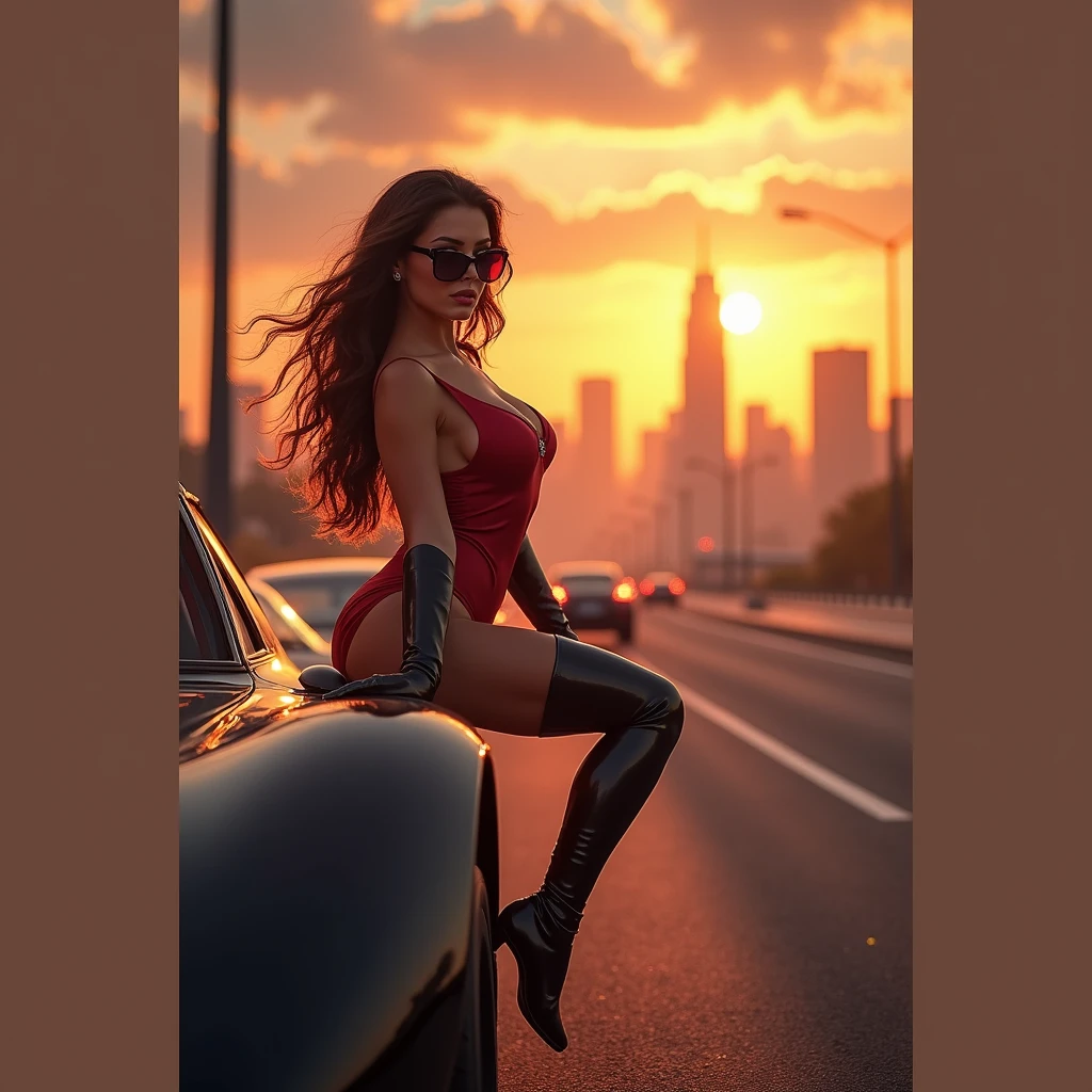 A stunning, hyper-realistic woman with brunette long hairs sowing her black Batmobile ,(masterpiece, Best Quality, High resolution, 32K HDR)), (Perfect portrait of trinity00:1.15), (red body suit:1.1, realistic Trinity sunglasses:1.1), Ultra detailed eyes, hyper derailed face, Detailed mouth, Detailed skin texture, (Atmospheric lighting), Shot with Aricum LT camera, ( on the highway:1.1, Huge breasts:1.15),
