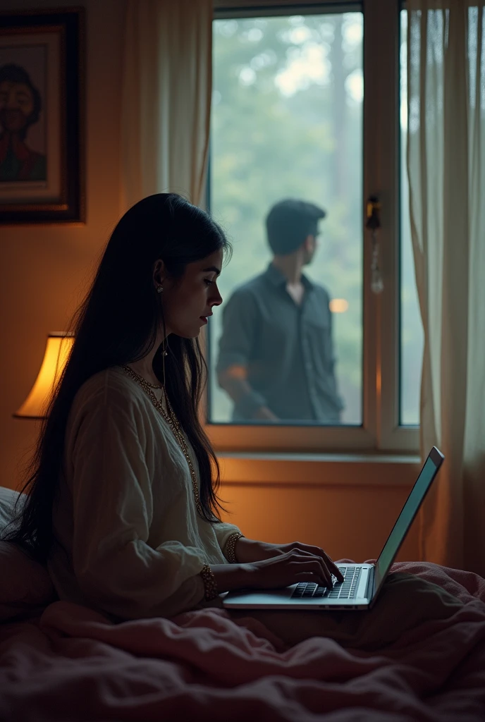 A 2 beautiful pakistani girl in suit salwar with black long and straight hair doing something on her laptop in her room while behind her at the window a man 's shadow is present