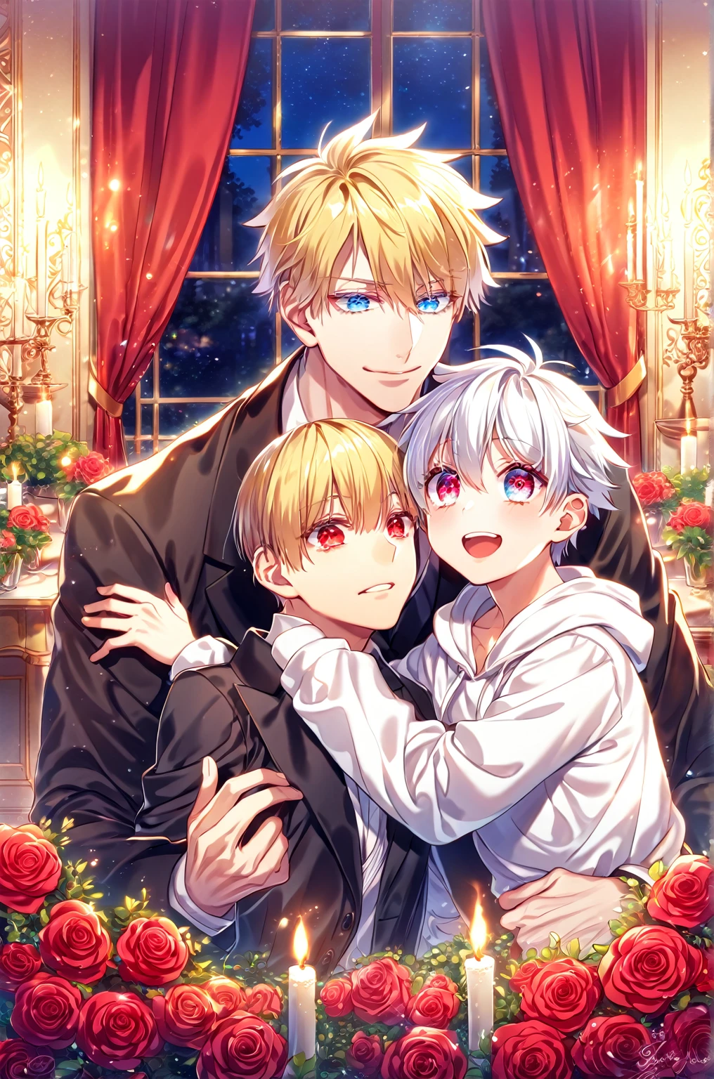 absurdres, highres, ultra detailed, HDR, master piece, best quality, perfect face, detailed eyes, detailed face, Gilgamesh, blonde hair, expressive red eyes, Fate Stay Night, Gojou Satoru, white hair, expressive blue eyes, white eyelashes, one a handsome adult man together with one , yaoi, gay couple, black coat, white hoodie, room, window, red curtains, red roses, candles, night, garden