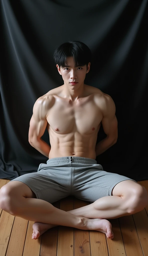 From upper camera angle ,hands are behind body taking support from floor wide open.
Hyper realistic, Arafed 25 Korean man, white skin, muscular body, sitting on wooden floor of living room with black cloth background. Legs are wide open in a cross legs with big dick highlighted from full gray gym pants. hands are also wide open taking support from floor , black eyes.