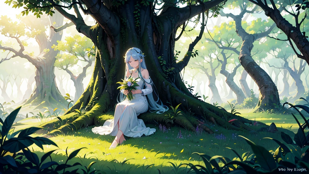 Magical forest, tropical forest, holy forest, white lighting tree, lush trees, masterpiece,