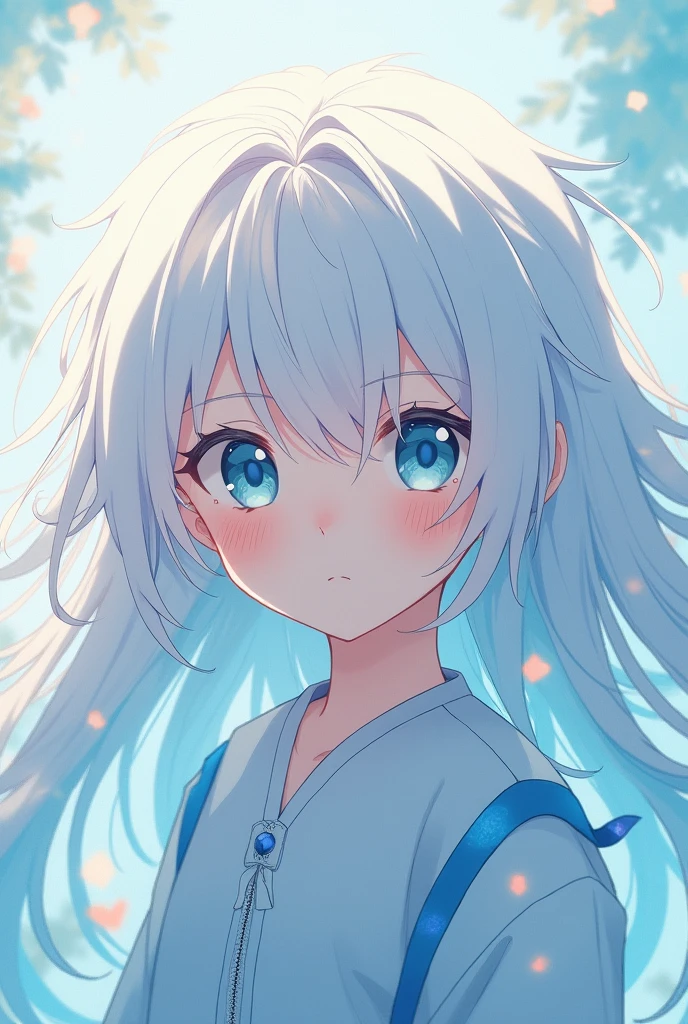 Cute white and cyan long haired anime boy