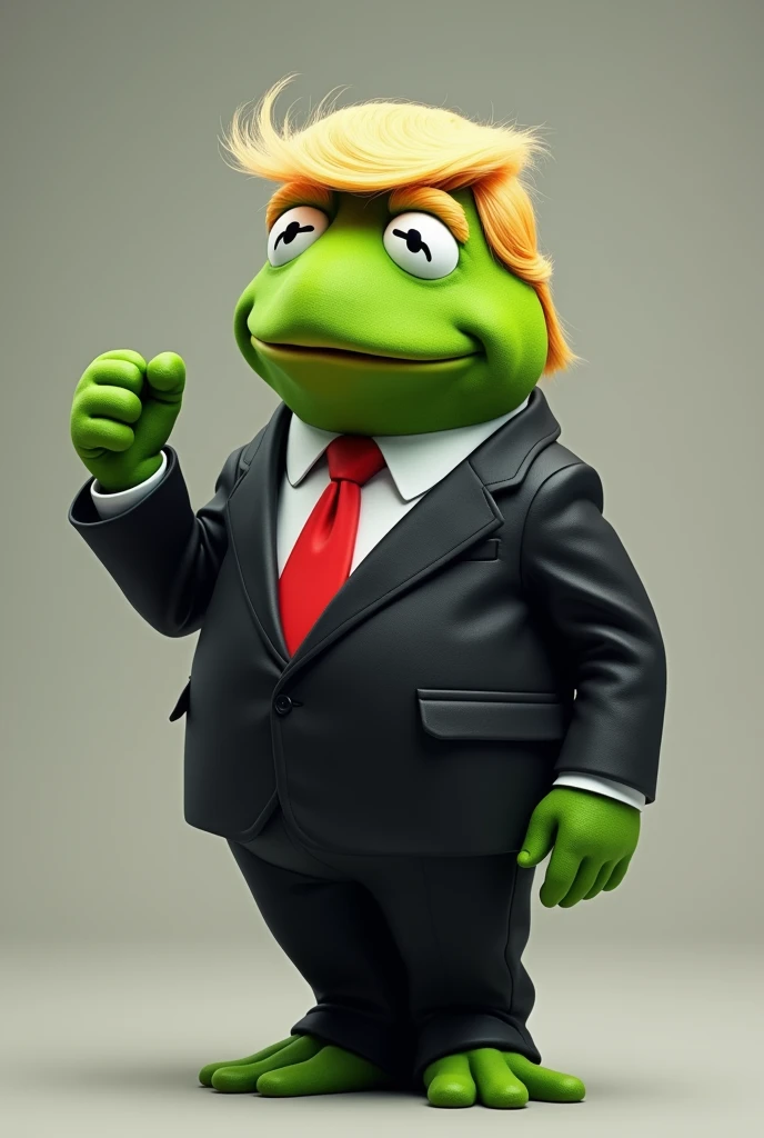 A cartoonized Kermit the frog with a detailed face of Donald trump standing straight with a Hand gesture of uprising fist and his wearing a Black suit and red tie