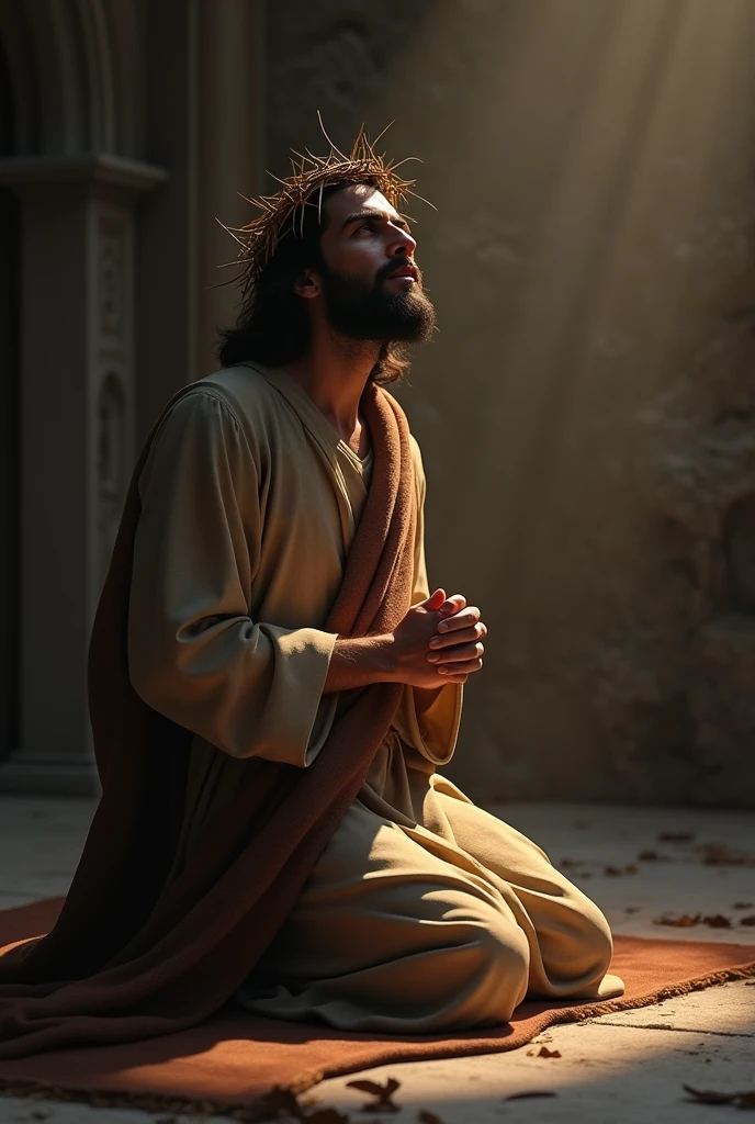 A depiction of Jesus Christ kneeling in prayer, wearing a crown of thorns. He is positioned on his knees, with his hands clasped in front of him, looking upwards as if seeking divine guidance. His expression reflects a deep sense of devotion and humility. The background is subdued, with soft lighting focusing on Jesus, casting a gentle glow around him. His robes are simple, in earthy tones, and the scene is serene and solemn, evoking a powerful sense of reverence and contemplation.
