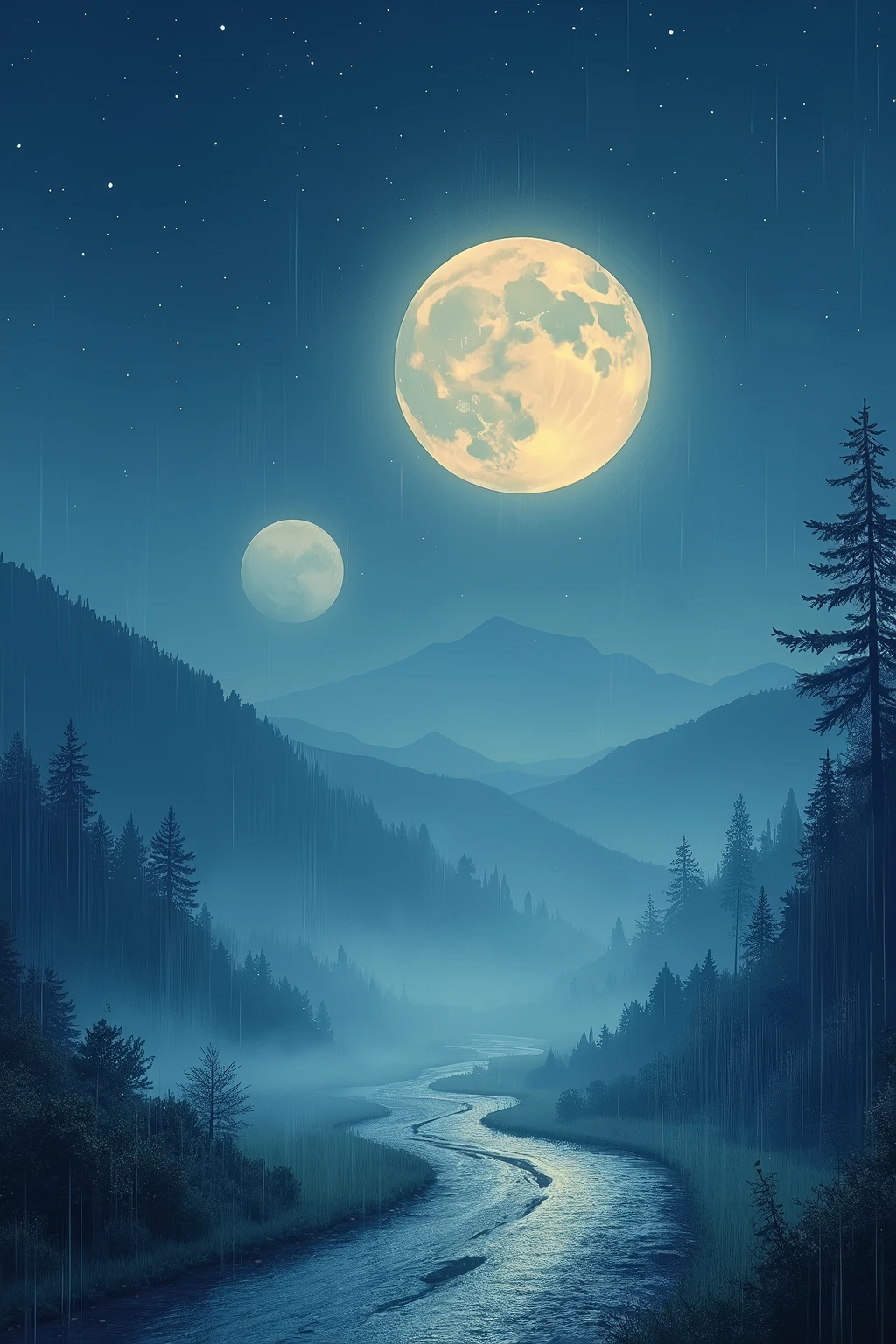 Moons at night with stars and dawn,rain and fog