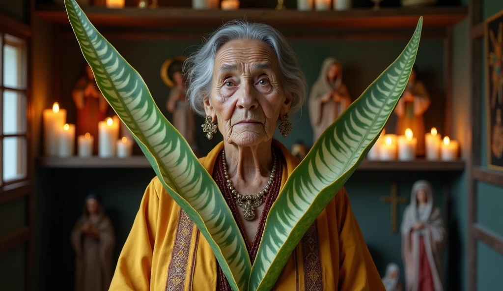ultra realistic Brazilian northeastern elderly woman healer with two long plants in the shape of thin spears, crossing like an x in front of your chest. The plant is green with light green and dark green stripes throughout with a yellowish edge without a division in the middle., the stripes are horizontal and there is no division in the middle of the sheet. In the background, a house with a shelf with saints and many lit candles.. convey depth. detail of the plants are horizontally striped, light greens and dark greens that do not mix, there is no crease in the middle, it is a single pointed leaf, imitating the plant Sansevieria trifasciata, The woman wears beautiful, elegant mystical clothes and has a serious and firm face. Behind her we have candles and images of saints and Christ..
