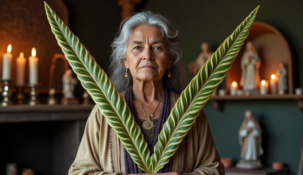 ultra realistic Brazilian northeastern elderly woman healer with two long plants in the shape of thin spears, crossing like an x in front of your chest. The plant is green with light green and dark green stripes throughout with a yellowish edge without a division in the middle., the stripes are horizontal and there is no division in the middle of the sheet. In the background, a house with a shelf with saints and many lit candles.. convey depth. detail of the plants are horizontally striped, light greens and dark greens that do not mix, there is no crease in the middle, it is a single pointed leaf, imitating the plant Sansevieria trifasciata, The woman wears beautiful, elegant mystical clothes and has a serious and firm face. Behind her we have candles and images of saints and Christ..
