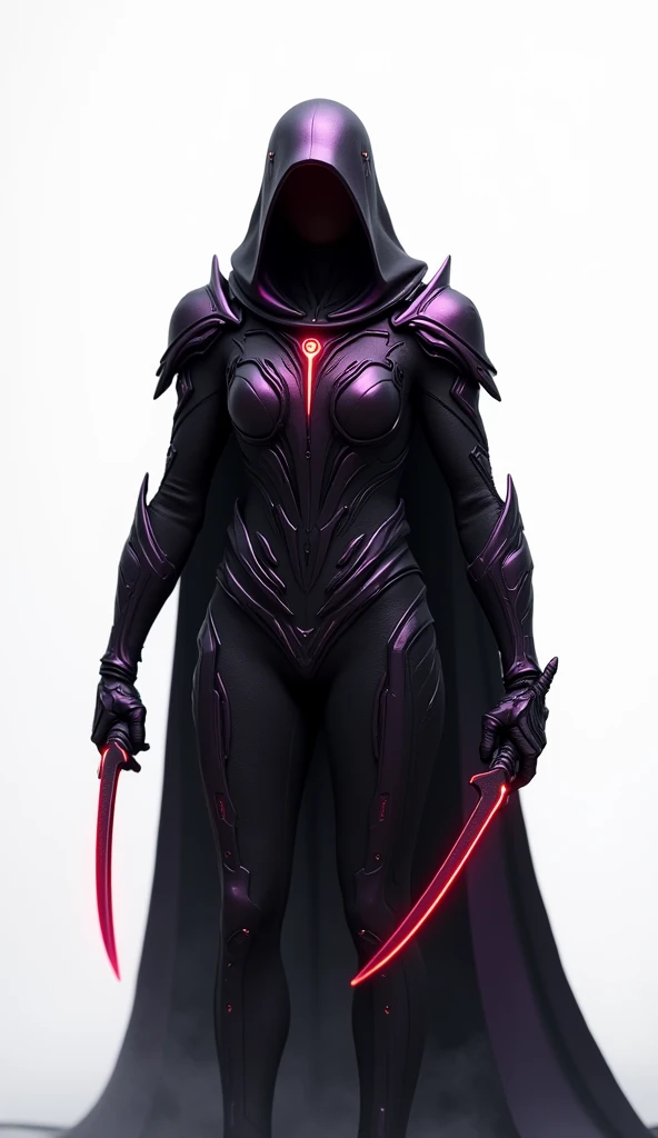 Produce a 4K, hyper-realistic image of a mysterious and elite assassin warrior from the Queen’s army, standing before a white background. This warrior's armor is a blend of deep black and dark purple, with a sleek, aerodynamic design that allows for stealth and agility. The armor is equipped with advanced cloaking technology, and its surface seems to ripple like water, blending into the background. The warrior's helmet is minimalist, with a single, piercing red eye that glows ominously. He wields dual energy daggers, crossed over his chest in a defensive stance. Emphasize the stealthy, almost spectral quality of the armor, the menacing red eye, and the warrior’s poised, deadly stance.