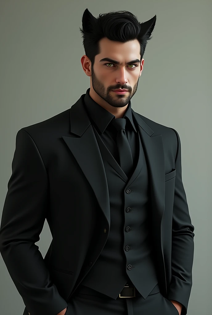 Make to me a men, caucasian, black hair, age 22, eyes green-wellow, with a black suit, a little overweight and with a goatee. The man must tu be similar to a cat. Query topic: Just the man.