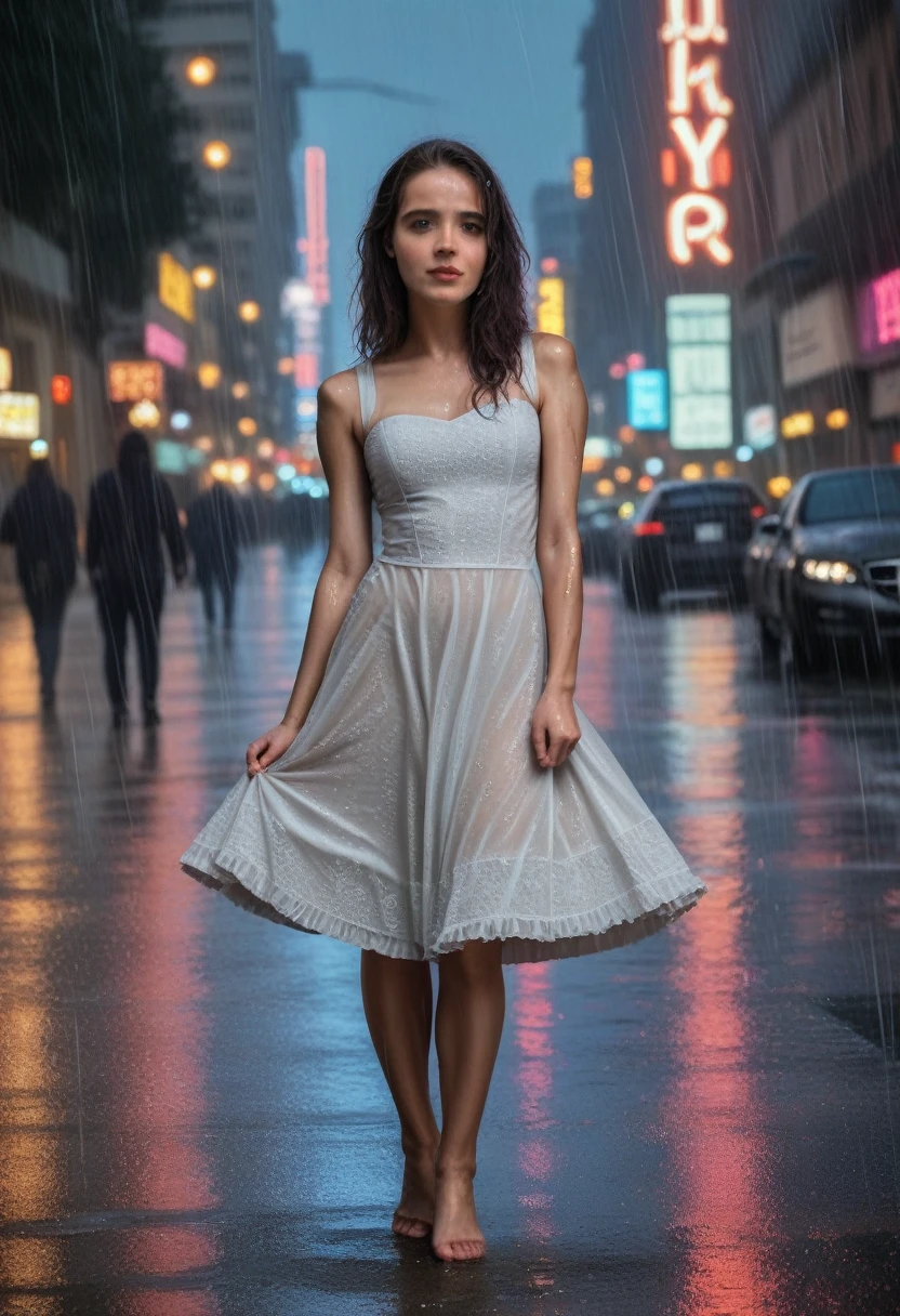 a beautiful cyborg woman, intricate details, masterpiece, absurdres, beautiful figure, slim body, magnificent anatomy, intricate details:1.12, HDR, intricate details, hyper-detailing:1.15, natural skin textures, hyper realistic, soft light, sharp:1.2, walking through a crowded city street, squatting, wet dress, performance, defile, cityscape, modern architecture, neon lights, rainy environment, reflective surfaces, dramatic lighting, heavy rain, raindrops, downpour, wet hair, wet pussy, vivid colors, (best quality, 4k,8k, highres, masterpiece:1.2), ultra-detailed, (realistic, photorealistic, photo-realistic:1.37), bokeh