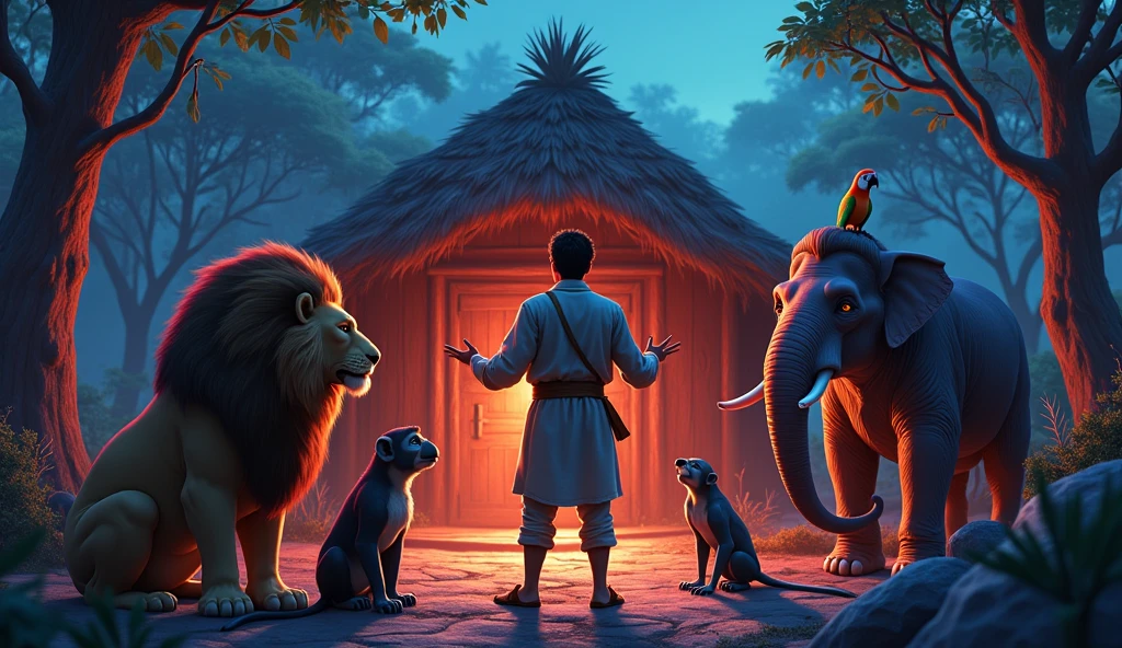Man and his animals are gathered together in front of the hut, looking concerned. Hamza is speaking to the animals, his hands gesturing towards the dry, cracked ground. , the lion, is listening attentively, with a serious expression. , the monkey, is sitting cross-legged on a rock, nodding in agreement. Raju, the elephant, is standing with his trunk raised, looking alert. , the parrot, is perched on Hamza’s shoulder, with its head tilted, listening. The jungle around them appears drier, with fewer leaves on the trees and wilting plants.
Setting Out on the Journey:
photo realastic vivid,neon,dramatic.cinamtic lighting, renderless