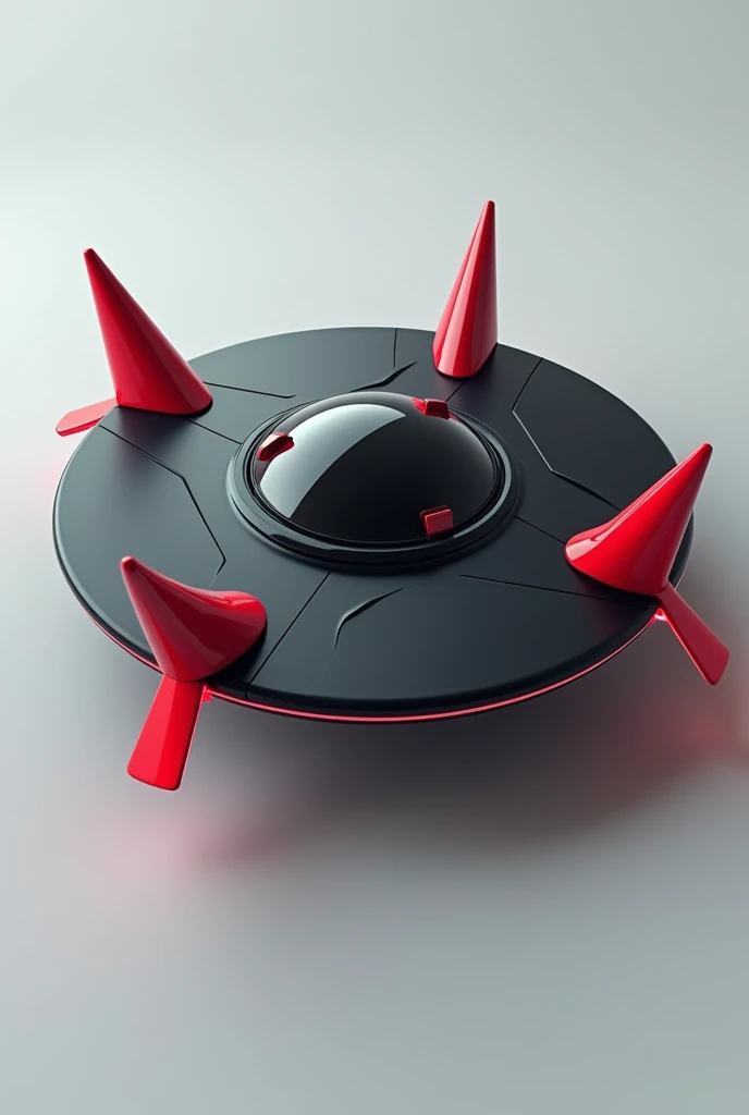 Flying machine, round and flat black, with 4 red, horizontal cone-shaped spikes, 3D