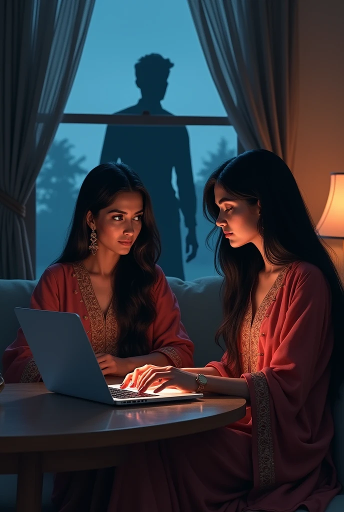 A 2 beautiful pakistani girl in suit salwar with black long and straight hair doing something on her laptop in her room while behind her at the window a man 's shadow is present at night