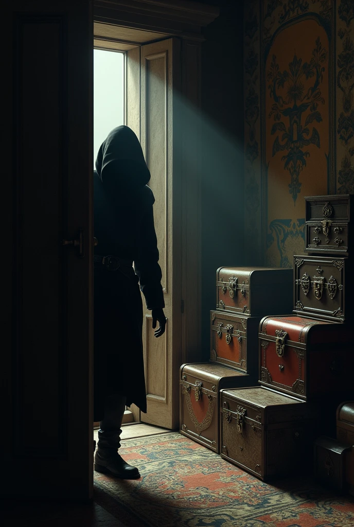a thief entering through a door, ( show the door) towards the room with several chests (all closed) highlighting different locks, and one of these chests HAS A DIFFERENT COLOR THAN THE OTHERS