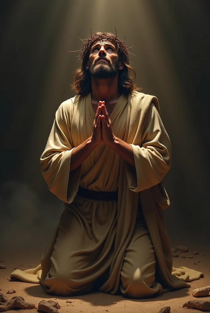 A depiction of Jesus Christ kneeling in prayer, wearing a crown of thorns. He is positioned on his knees, with his hands clasped in front of him, looking upwards as if seeking divine guidance. His expression reflects a deep sense of devotion and humility. The background is subdued, with soft lighting focusing on Jesus, casting a gentle glow around him. His robes are simple, in earthy tones, and the scene is serene and solemn, evoking a powerful sense of reverence and contemplation.