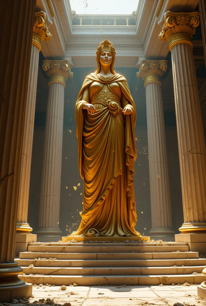 The interior of the temple of Athena, a golden statue of her, the floor cracked, cobwebs and dust cover the walls