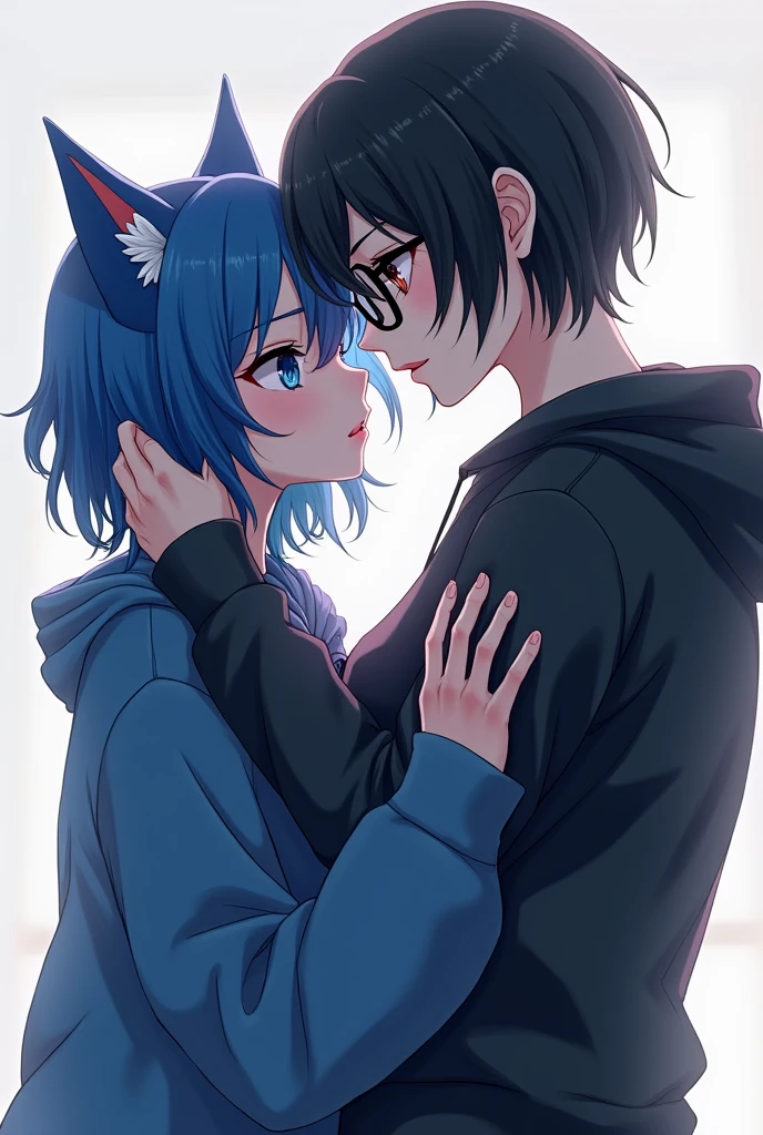 A lesbian couple/anime where one has short black hair, a grayish skin tone, eyes black, Black glasses, dark clothes, and seductive eyes, and the other with long blue hair, Cat's ears, blue colored eyes, blue sweatshirt and is shy in a seductive pose
