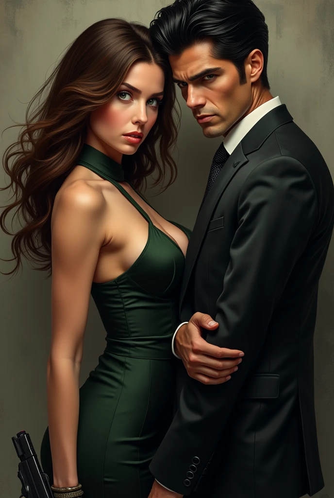 Brown-haired woman with brown eyes in a fitted dress holding a man by the arm with a gun, black hair and green eyes