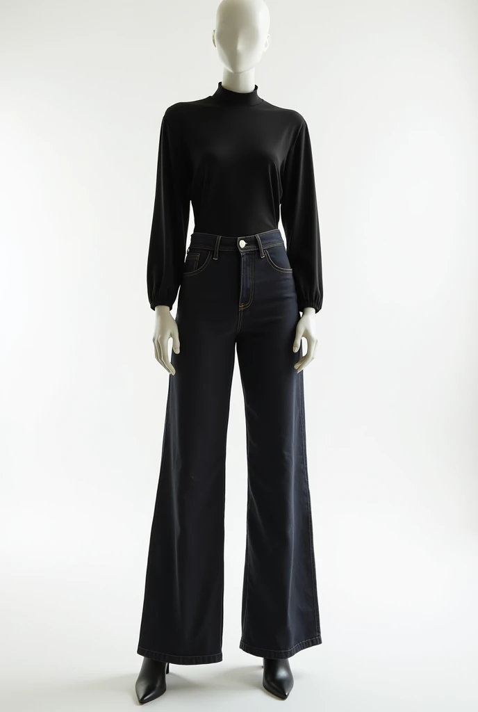 clothes, black top and wide high-waisted jeans on a white background stands straight and has trained hands, without a model and everything is clearly visible