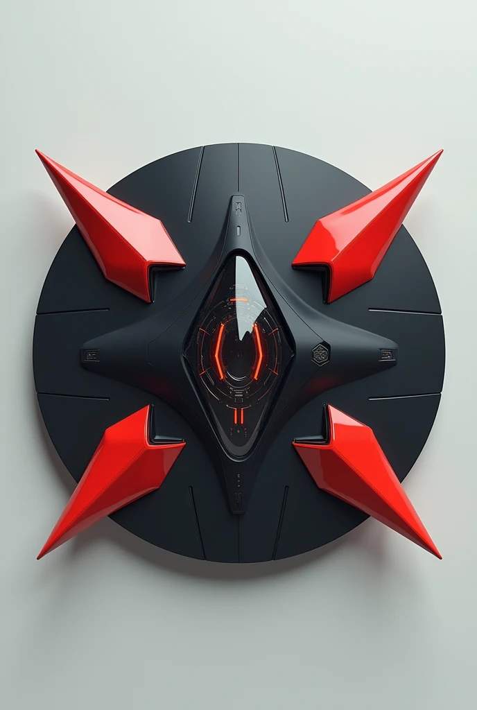 Flying machine, round and flat black, with 4 red, horizontal cone-shaped spikes, 3D