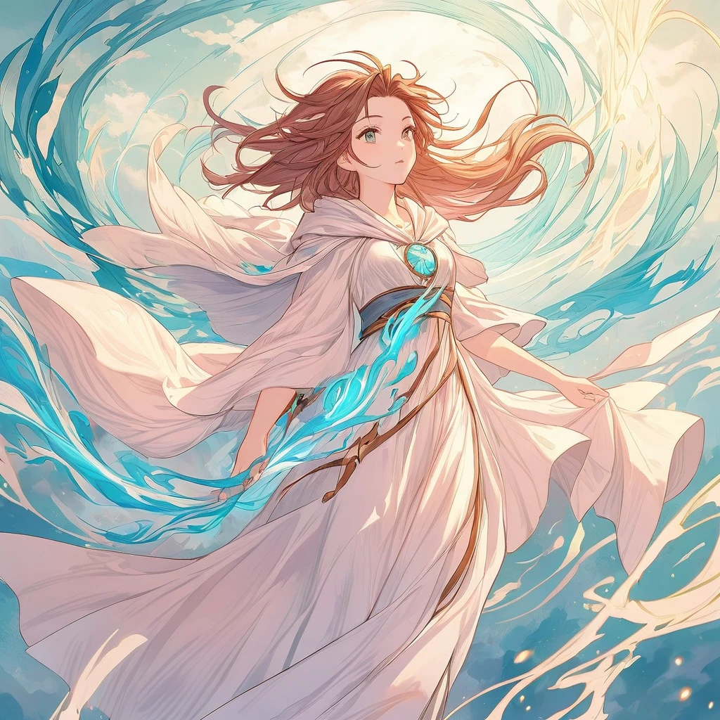 "Design a druid named Aeris, the Windcaller. She should be depicted with flowing robes that seem to be caught in an invisible wind. Her hair and clothing should reflect the movement of the air, with swirling patterns and light, airy colors. The design should be ethereal and dynamic, with a consistent fantasy art style that captures the elemental power of wind."