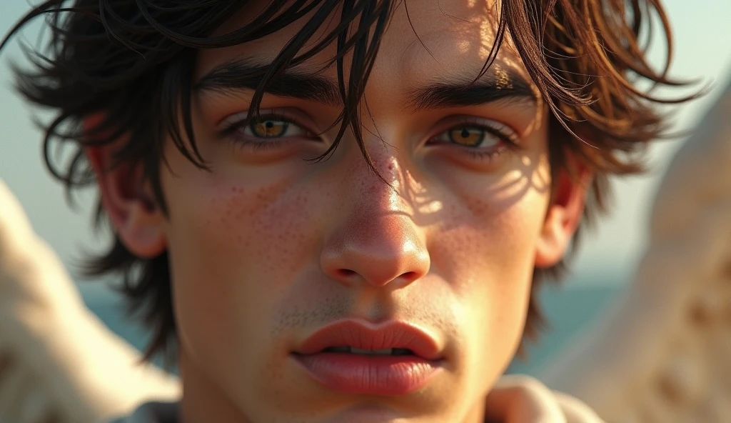 close image, detailed face angel beautiful face michael man, biblical story, 4k, realistic and detailed image,