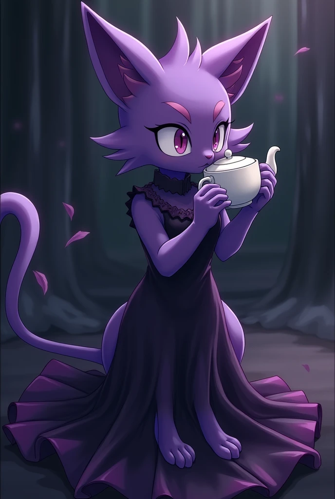 Pokémon, cat Pokémon, cat, purple, pokemon purple, Pokemon dark background, Pokémon purple, cat purple ,pokemon dark ability, anime cat, drink tea, white teapot, pokemon cat drink tea , gata con vestido negro y purple, Pokémon 