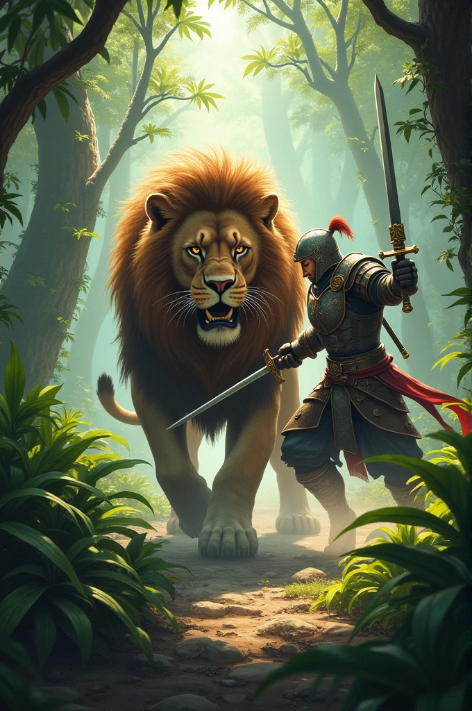 Create a lion in JUNGAL with sword man fighting collagen