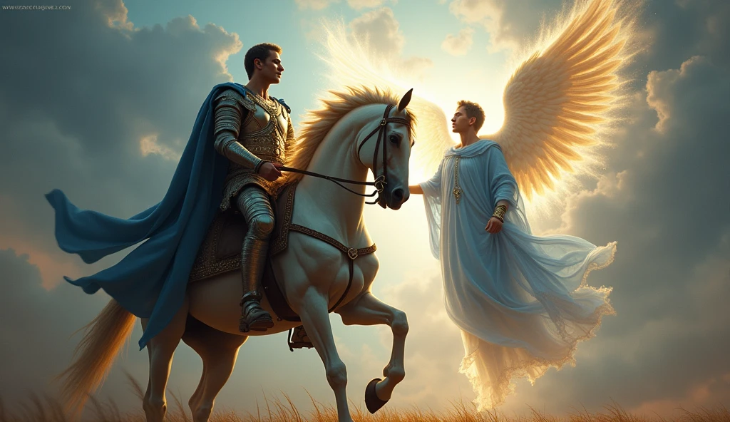 alexander the great ultra realist rearing on his horse and invoking the figure of archangel michael with blue tunic and cloak, sending light to him