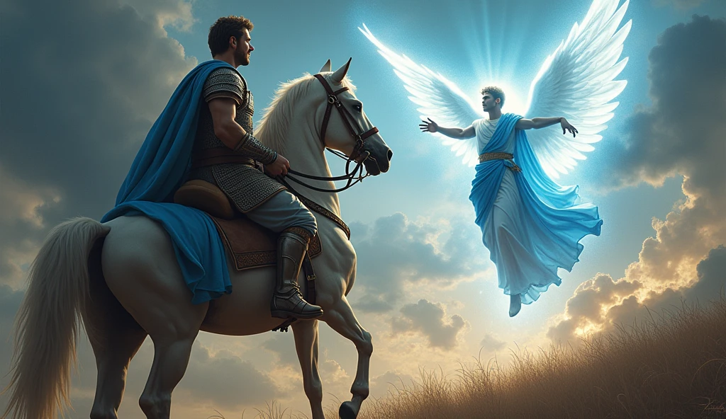 alexander the great ultra realist rearing on his horse and invoking the figure of archangel michael with blue tunic and cloak, sending light to him