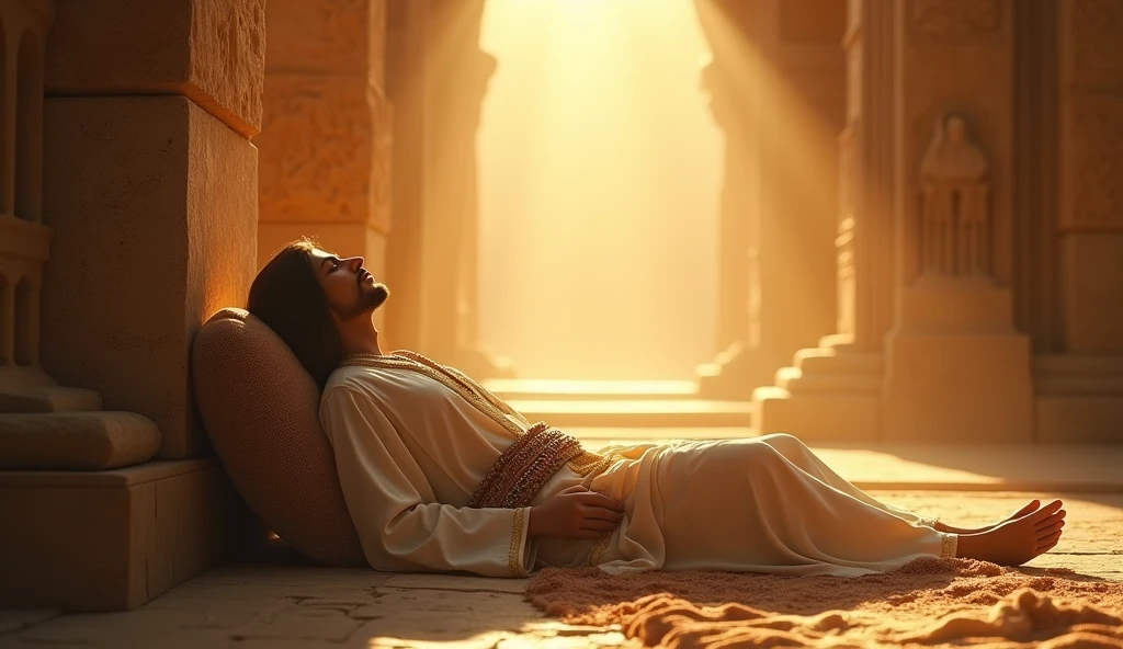 "A figure resting peacefully in a serene, sacred place, surrounded by divine light, ancient Middle Eastern attire, the setting is a tranquil sanctuary with warm, golden light filtering through, the atmosphere is one of deep peace and protection, hyper-realistic, photo realism, cinematography -- ar 16:9."