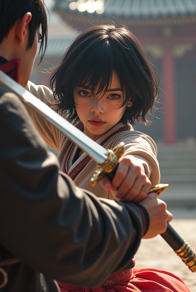 A short-haired girl with swords on a boy