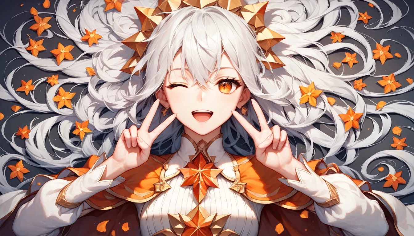 score_9, score_8_up, score_7_up, (masterpiece, best quality, very aesthetic, ultra detailed), intricate details, 1girl, slim, messy hair, fate \(series\), white hair, orange eyes, one eye closed, open mouth, skirt, double v, smile,