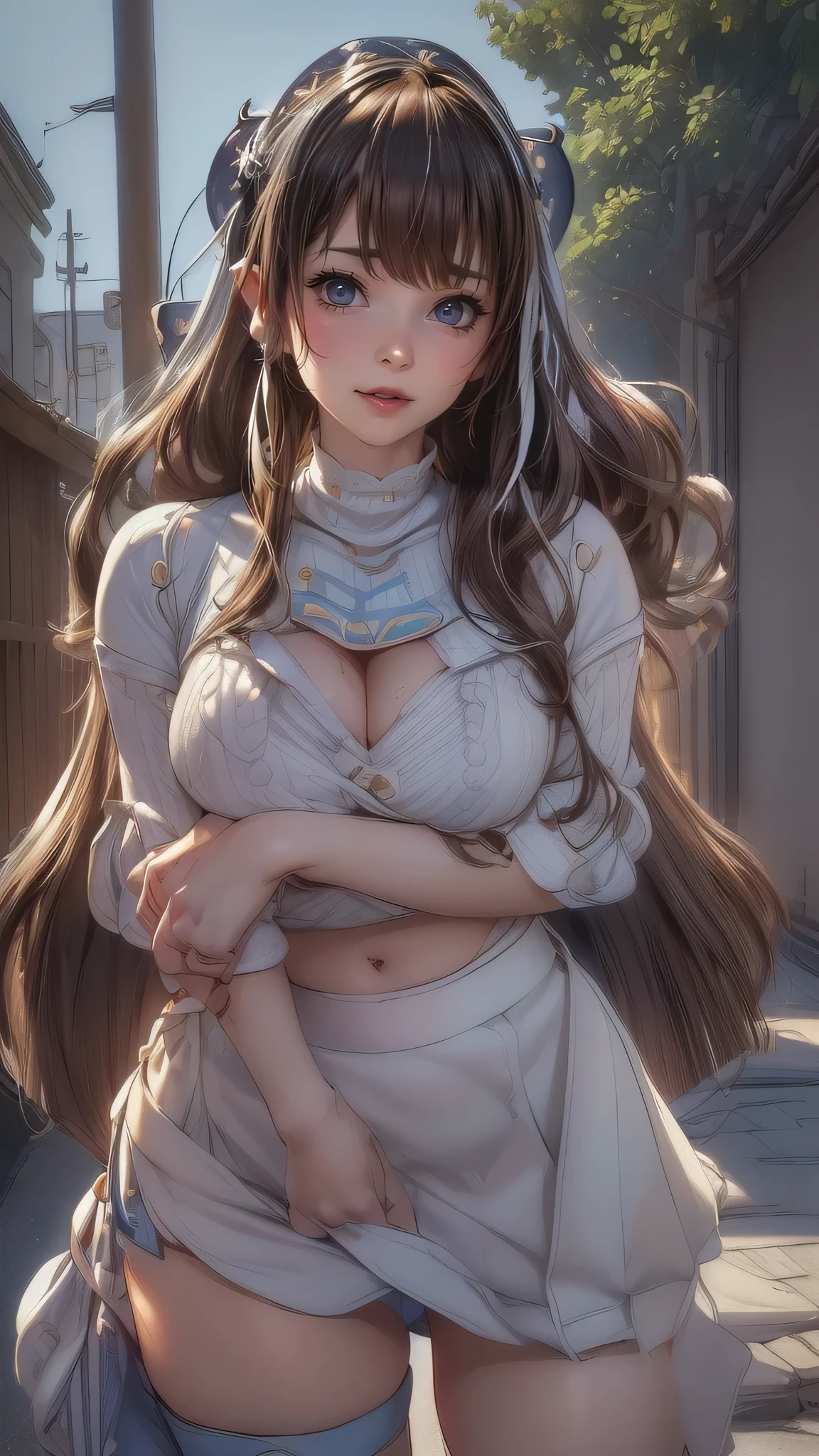 ((((highest quality))))、(((Ultra-precision CG16K wallpaper)))、(((masterpiece)))、(((Super detailed)))、(((Extreme detail)))、((1Mature 2 woman:1.6))、((Very beautiful Japanese faces))、((Yua Mikami:1.5))、((Soft wavy medium long hair、blunt bangs:1.5))、(Shiny brown hair)、Beautiful brown eyes、Clearly defined pupils、eyeliner、eye shadow、High nose、Small nostrils、Small Mouth、Seductive lips、Beautiful breasts、((C cup size breasts))、Cleavage、Beautiful feet、eight-headed body、Perfect proportions、Perfect Anatomy、Perfect composition、Beautiful detailed shading、Beautiful, natural lighting、Beautiful detail glow、Depth of written boundary、(((High chroma)))、(((Real:1.9)))、((vivid:1.5))、((Beautiful Skin))、((Skin Texture))、((Realistic skin feel))、(((Cowboy Shot:1.6)))、((Front view、shoot from front、Front low angle:1.6))、(((A surprised face with its mouth wide open:1.6)))、((The woman is looking at this、looking at viewer、Facing forward:1.6))、Bright daylight、Natural light、(((Sidewalk、street tree:1.5)))、(Fashion model pose:1.6)、(((Ivory cream high neck sweater、Light blue flared mini skirt:1.6)))、((Wearing earrings:1.3))、((Knee-high socks:1.5))、