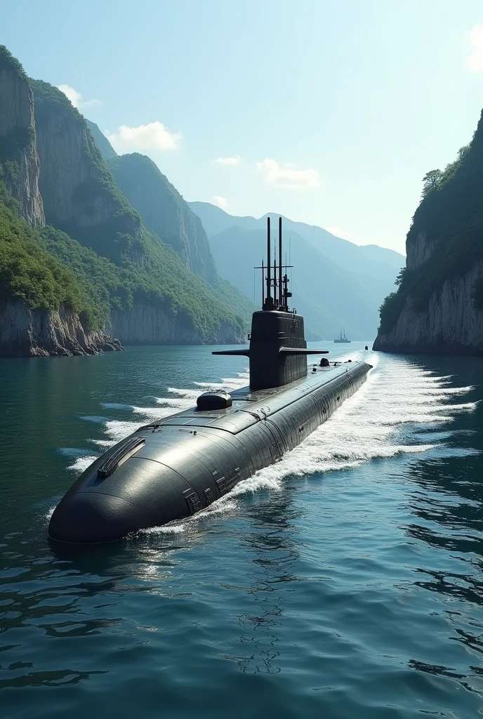 Military submarine in a bay seen from the side in the distance