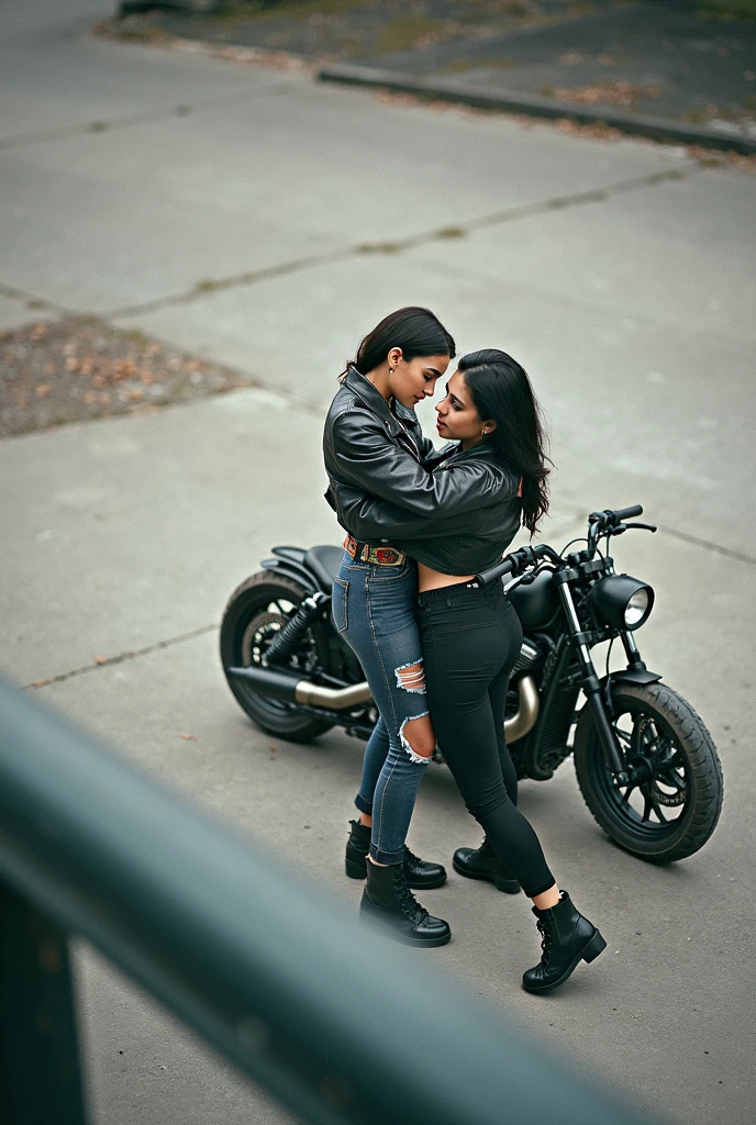 Two biker chicks seen from above, their arms on her partner's shoulder