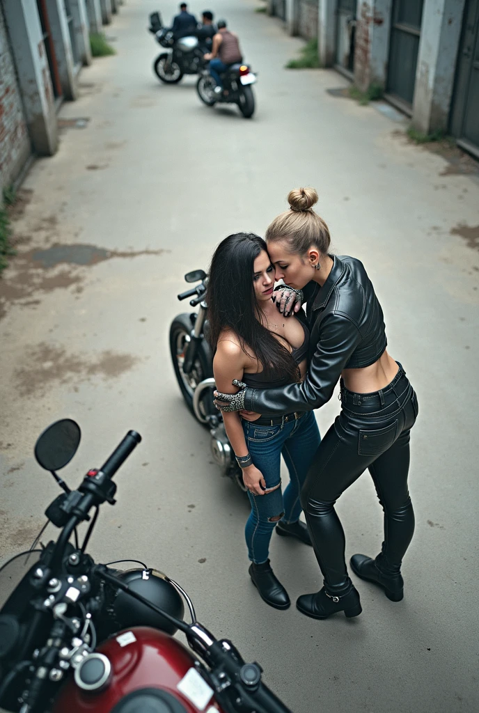 Two biker chicks seen from above, their arms on her partner's shoulder