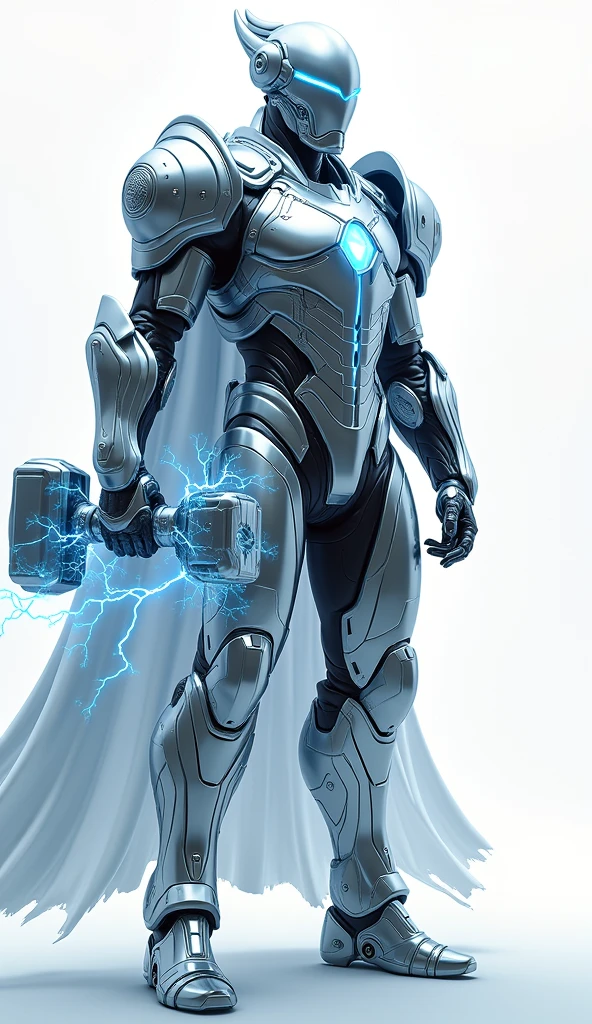 Generate a 4K, ultra-realistic image of a powerful warrior from the Queen's army, depicted on a stark white background. This warrior’s armor is inspired by storm and wind elements, with a sleek, silver design that crackles with electric energy. The armor features intricate, wave-like patterns that flow across the surface, with flashes of lightning arcing between them. The helmet has a sharp, angular design, with a visor that glows with a soft blue light. The warrior holds a massive hammer that emits electric sparks, raised high as if to summon a storm. Focus on the dynamic electric effects, the flowing patterns on the armor, and the warrior's commanding presence.