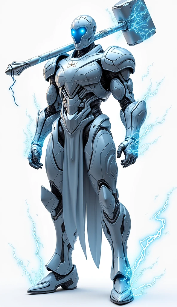 Generate a 4K, ultra-realistic image of a powerful warrior from the Queen's army, depicted on a stark white background. This warrior’s armor is inspired by storm and wind elements, with a sleek, silver design that crackles with electric energy. The armor features intricate, wave-like patterns that flow across the surface, with flashes of lightning arcing between them. The helmet has a sharp, angular design, with a visor that glows with a soft blue light. The warrior holds a massive hammer that emits electric sparks, raised high as if to summon a storm. Focus on the dynamic electric effects, the flowing patterns on the armor, and the warrior's commanding presence.