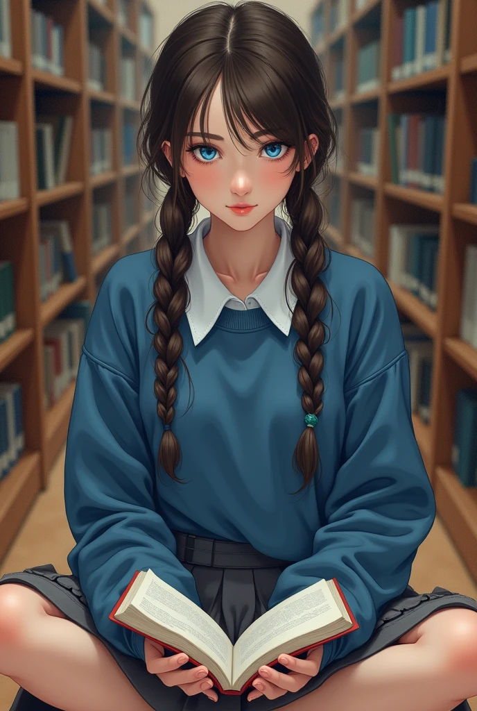 Realistic drawing of a 1 young woman, extremely beautiful, dark brown hair tied in two braids, very blue eyes, with a blue sweatshirt with a collar and a grey skirt, in a school library, with a book in hand, sitting on the floor, realistic drawing