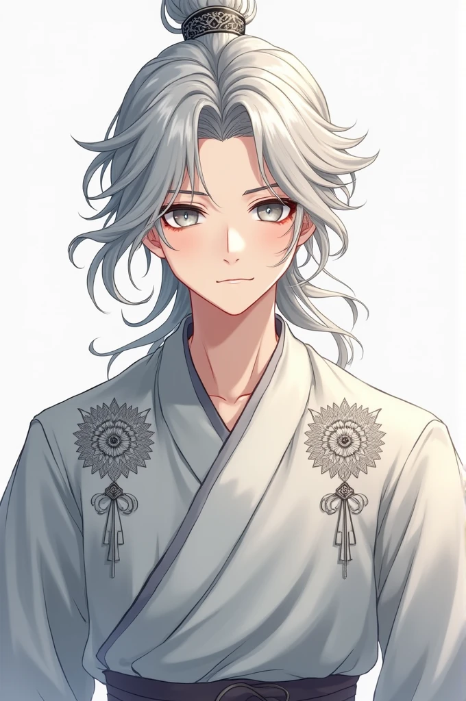 Generate an image of a Chinese handsomest anime boy. The boy is in light grey long hair, light grey eyes, light grey warrior ancient Chinese dress, looking cool and intelligent and clever from his face.