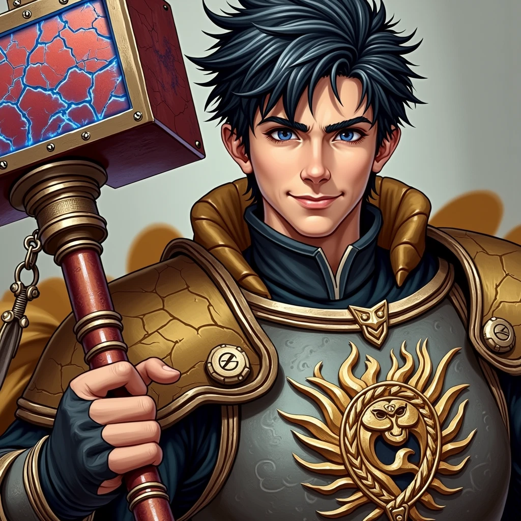 Create a character named Hiro Higure. He is a paladin from dnd. He has an emblem that is composed of gold flames shaped like a dragon which is on his bronze-colored shield. Hiro has short and spiked black hair, obsidian eyes, and ebony skin. He has black armor with gold trimming and has a scarlet warhammer with blue radiant cracks the top of the hammer. Hiro also has a golden cape with the same emblem as the shield as well. He also has a heroic smile. Draw him in the style of Baldur’s Gate 3.