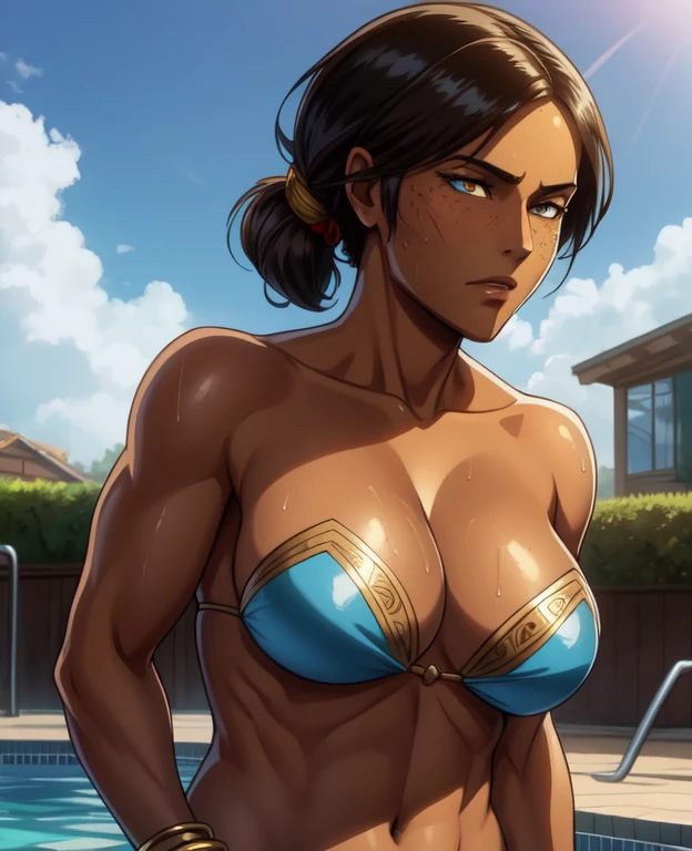 (1female), (Mixed race Guatemalan-Navajo), (24yo:1.2), (Short black hair:1.3), (Yellow colored irises:1.2), (tanned bronze skin:1.4) BREAK (Wearing: Blue strapless bikini bra, blue bikini bottom, golden bracelets) BREAK looking at viewer, calm expression BREAK strong muscles, athletic figure, skin covered in cuts and scars, face stained with sweat and blood, sweaty skin, bloody skin BREAK (Background: Outdoors, bright blue sky, backyard, swimming pool)  BREAK highest quality, ultra-high resolution, absurdity, realistic, physically based rendering, cinematic lighting, complex and cinematic appearance, cinematic soft light, soothing tone, battlefield background, urban war background, photorealistic, cowboy shot, dynamic angle, portrait, Beautiful digital artwork, (mature female),(shiny skin),(looking at viewer),(anime style)