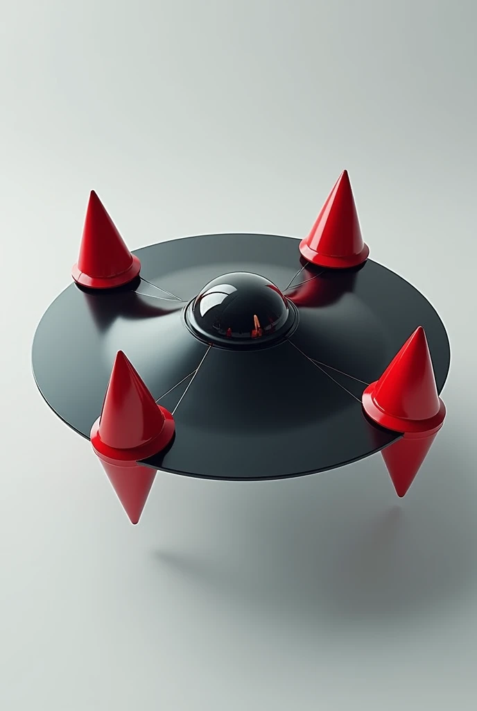 Flying machine, round and flat black, with 4 red, horizontal cone-shaped spikes, 3D
