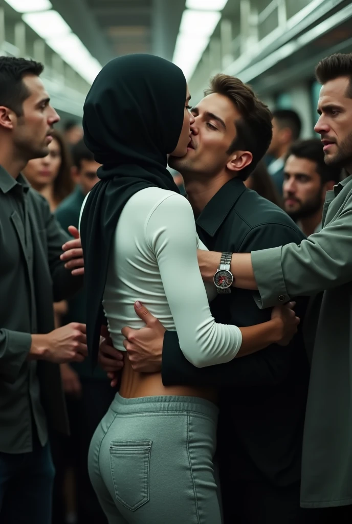 Black headscarf on a very crowded bus, white long sleeve t shirt,Sexy skinny woman in baggy grey sweatpants kissing a man. 2 men touching woman's butt.