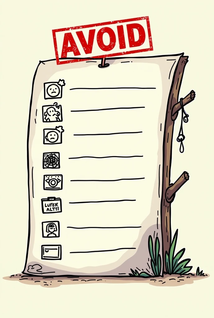 A cartoon-style illustration of a checklist titled 'Places You Should Never Work For.' The checklist features 9 items cracked clock, sad face, wilting plant, chained briefcase, tangled web, person in a cage, dark cloud, empty wallet, and a mute symbol. The checklist is stamped with a bold red Avoid on a light background.