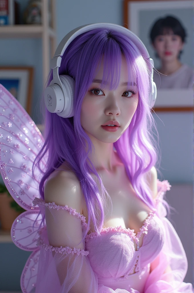 Mulher borboleta de cabelo roxo coreana com fone de ouvido e roupa 👗Shiny lilac pink, half transparent in a summer house with a photo of a beautiful man