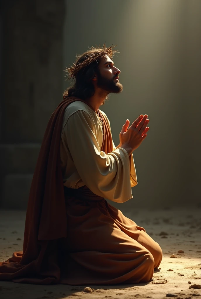 A depiction of Jesus Christ kneeling in prayer, wearing a crown of thorns. He is positioned on his knees, with his hands clasped in front of him, looking upwards as if seeking divine guidance. His expression reflects a deep sense of devotion and humility. The background is subdued, with soft lighting focusing on Jesus, casting a gentle glow around him. His robes are simple, in earthy tones, and the scene is serene and solemn, evoking a powerful sense of reverence and contemplation.