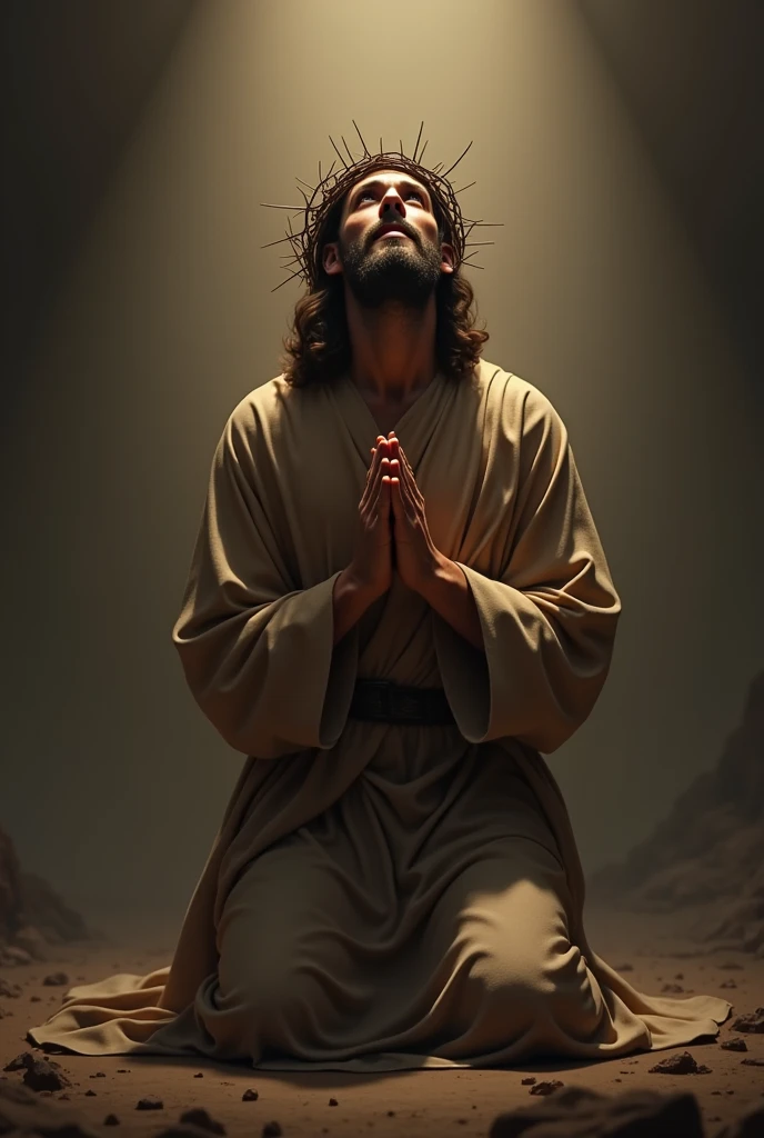 A depiction of Jesus Christ kneeling in prayer, wearing a crown of thorns. He is positioned on his knees, with his hands clasped in front of him, looking upwards as if seeking divine guidance. His expression reflects a deep sense of devotion and humility. The background is subdued, with soft lighting focusing on Jesus, casting a gentle glow around him. His robes are simple, in earthy tones, and the scene is serene and solemn, evoking a powerful sense of reverence and contemplation.